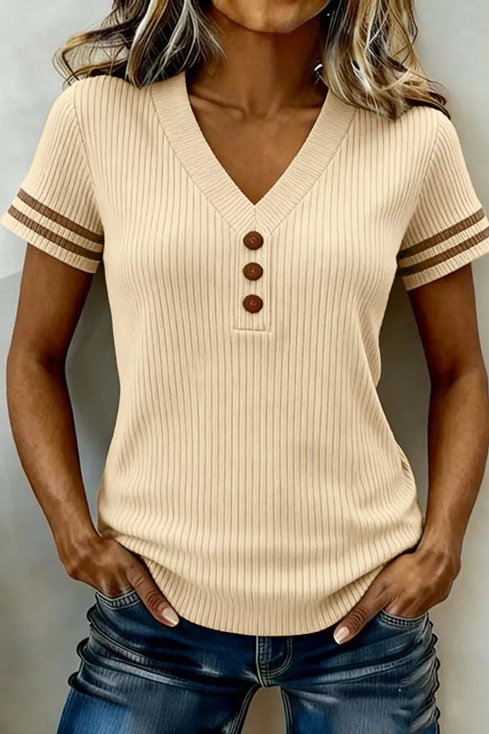Beige ribbed V neck knit top front view