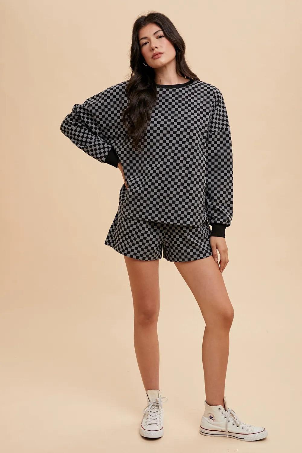Annie Wear Checkered Round Neck Top and Drawstring Shorts Set - Fashorio