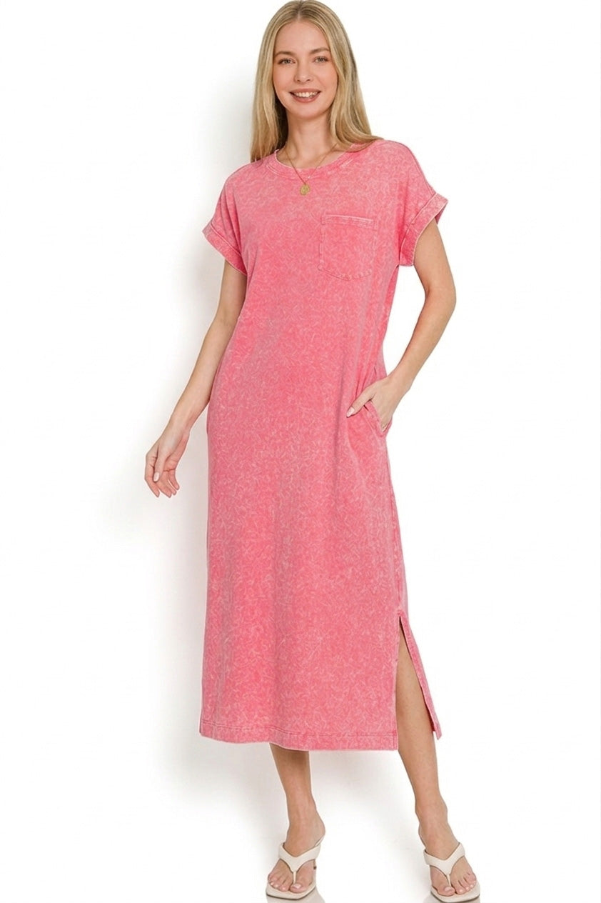 Washed Exposed Seam T Shirt Dress in Fuchsia side view