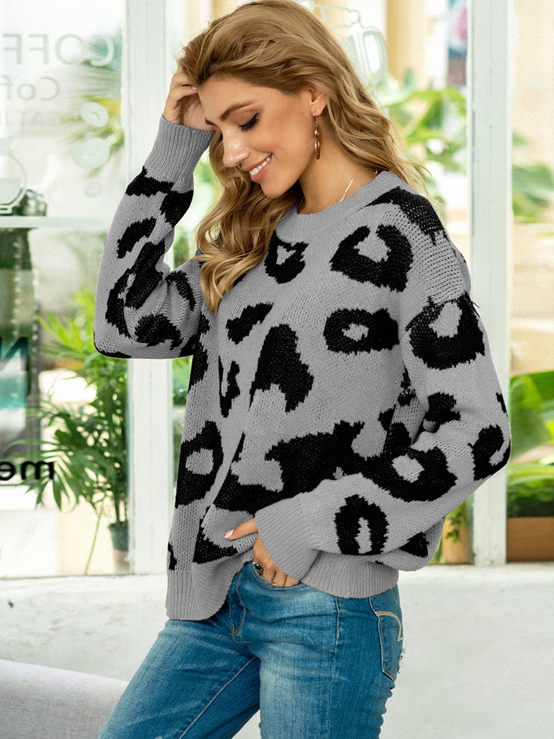 Drop Shoulder Leopard Pullover Sweater - Fashorio