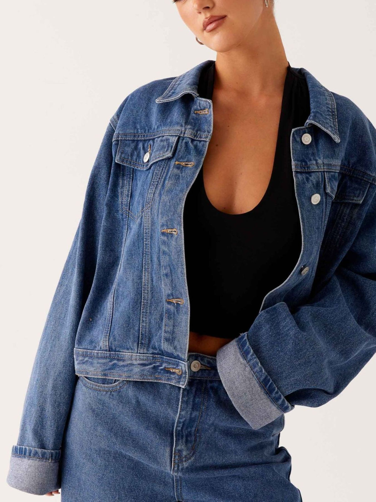 Cropped Oversized Denim Jacket in Dark Blue back view