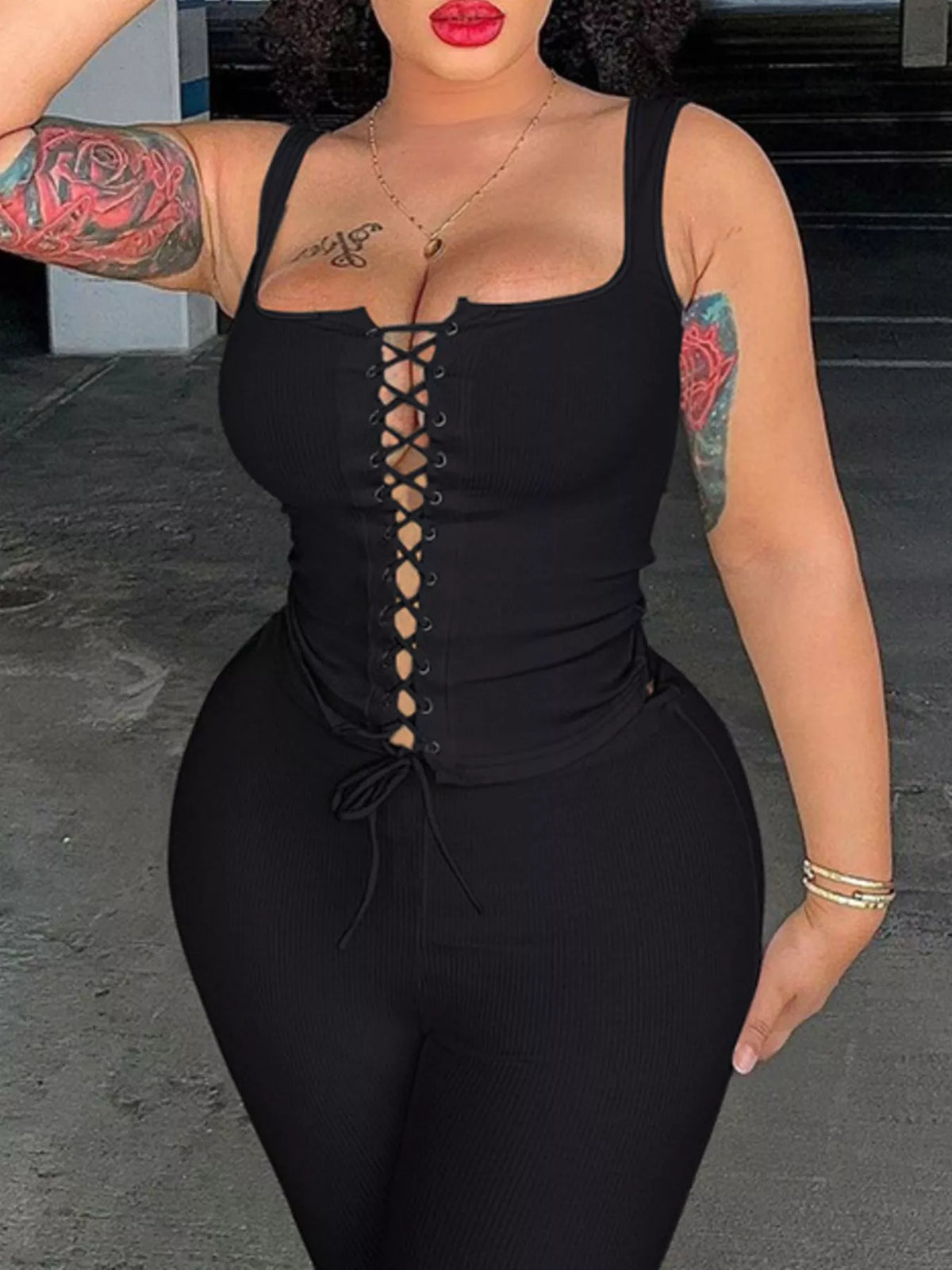 Lace Up Tank and Capri Two Piece Set, view 10