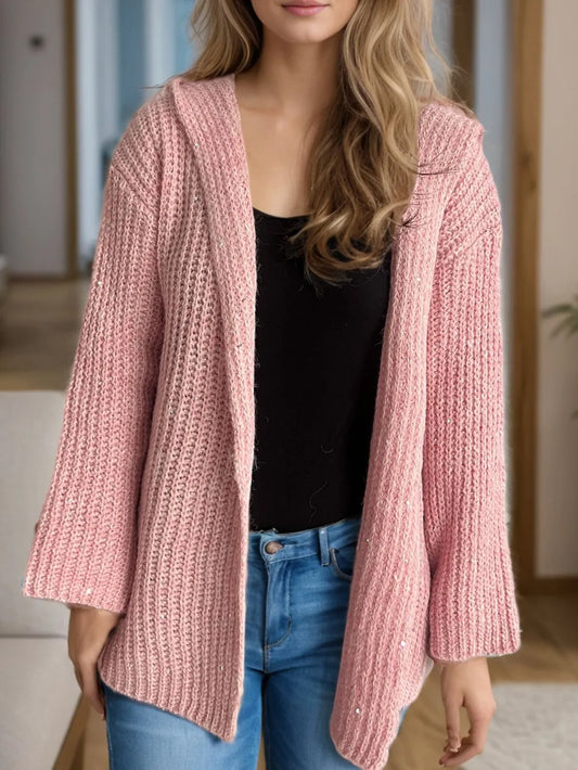 Sequin Detail Long Sleeve Hooded Cardigan Dusty Pink One Size - Fashorio