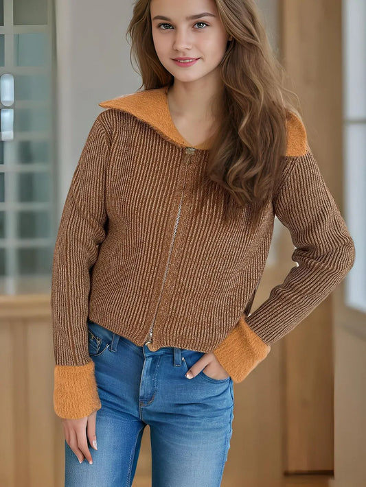 Zip Up Collared Neck Long Sleeve Cardigan Sherbet One Size - Fashorio