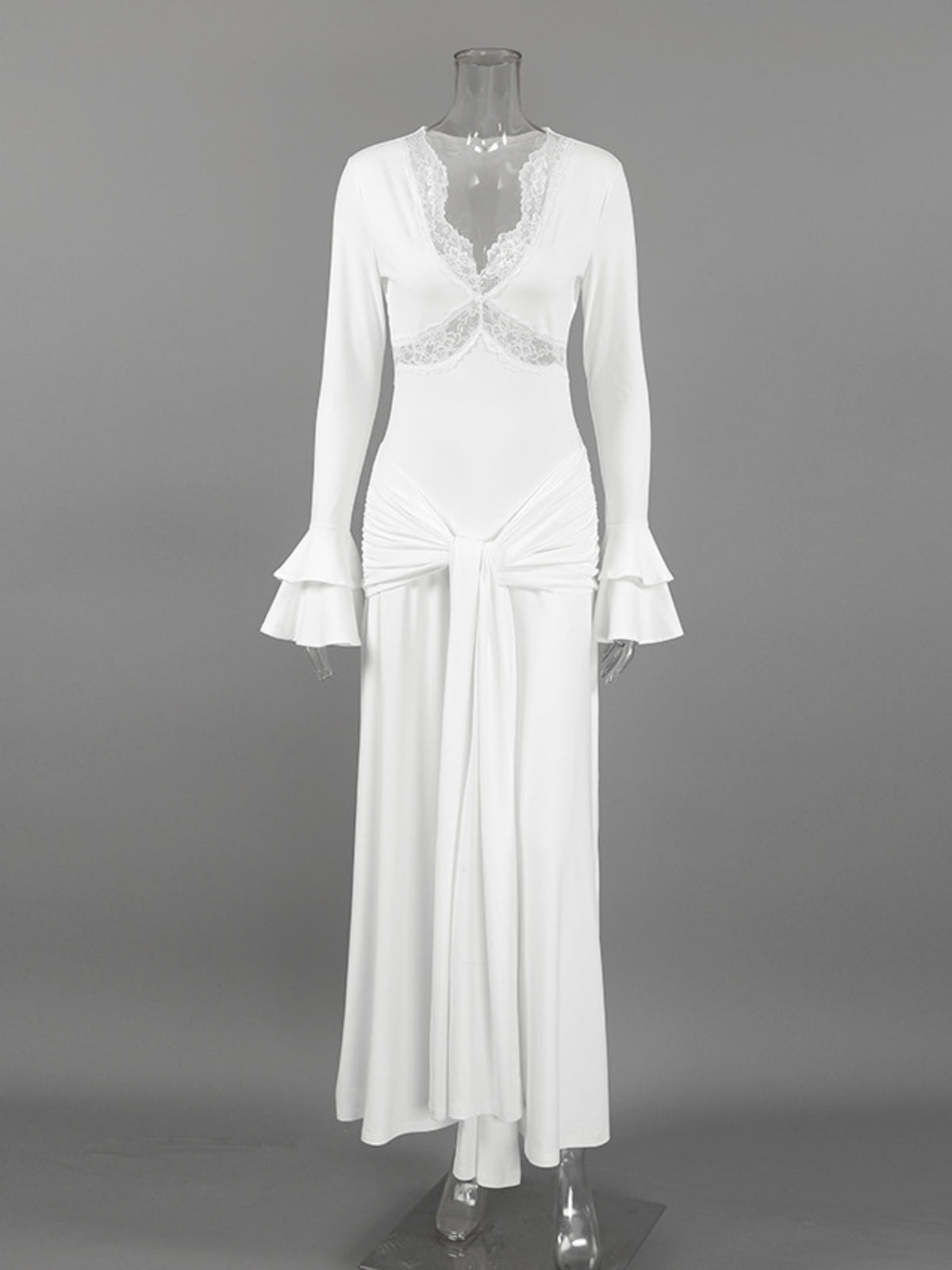 white lace trim long sleeve maxi dress back view