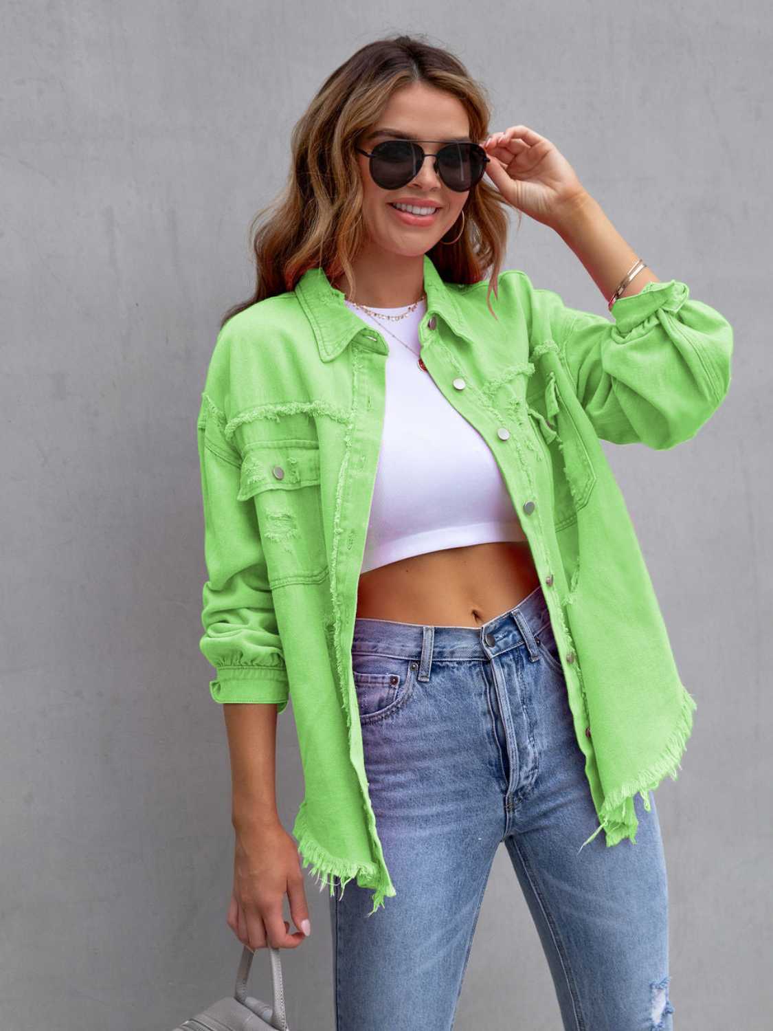 Distressed Drop Shoulder Denim Jacket Green Apple - Fashorio