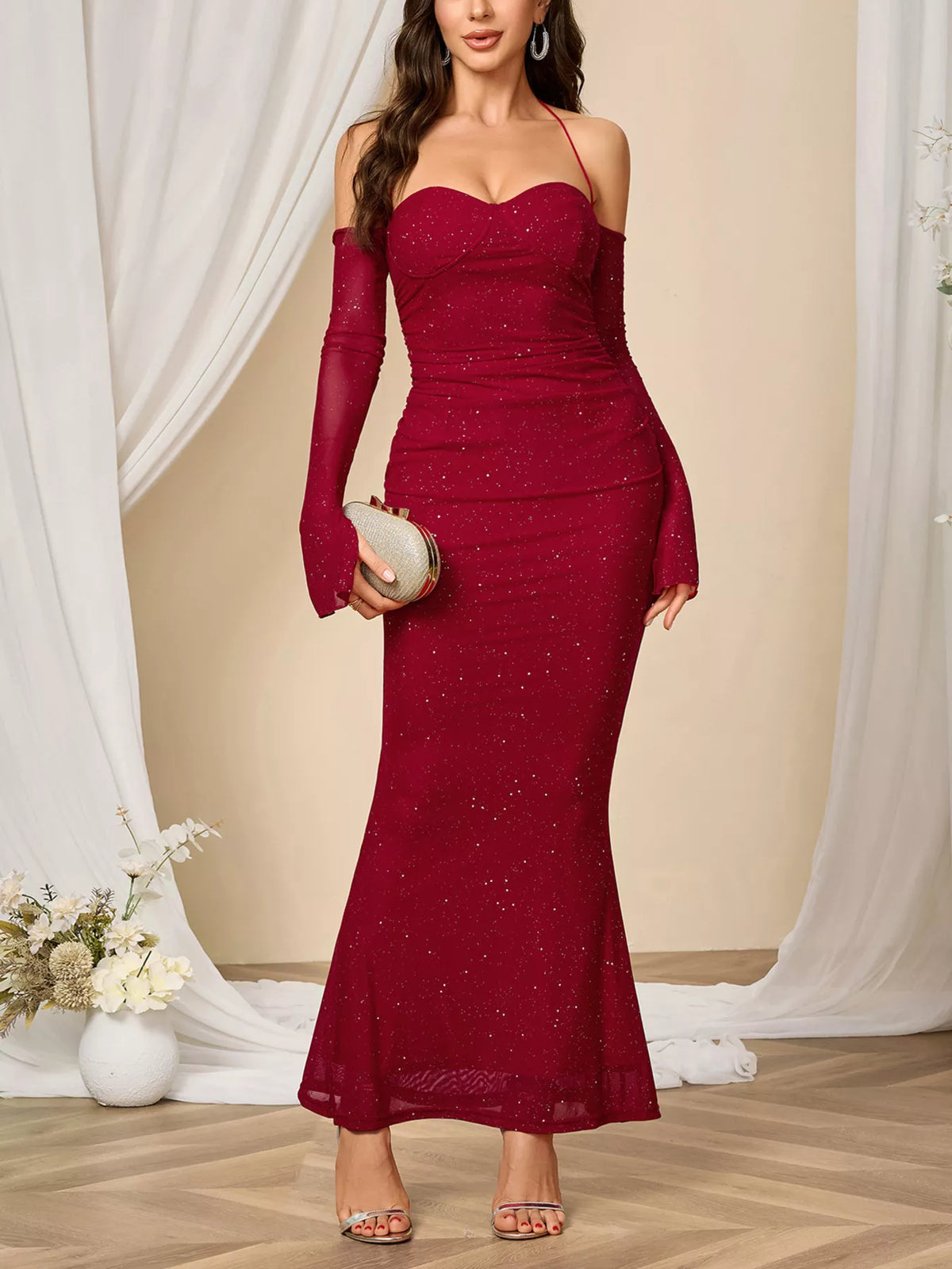 Wine red glitter sweetheart neck long sleeve maxi dress front view