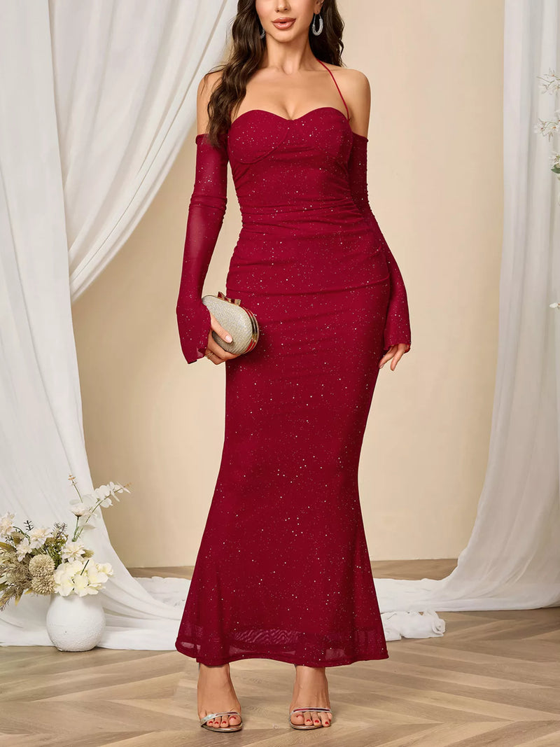 Wine red glitter sweetheart neck long sleeve maxi dress front view