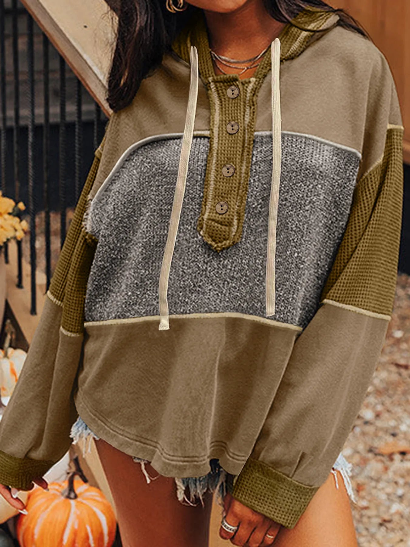 Mixed Texture Patchwork Exposed Seam Half Button Hoodie - Fashorio