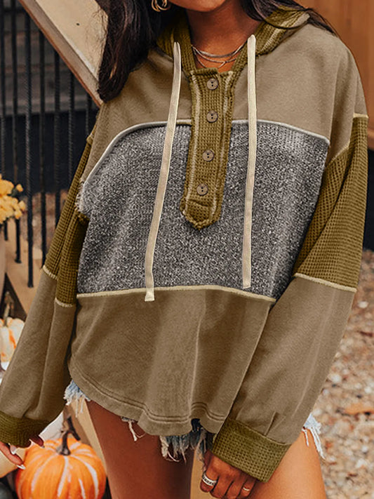 Mixed Texture Patchwork Exposed Seam Half Button Hoodie - Fashorio