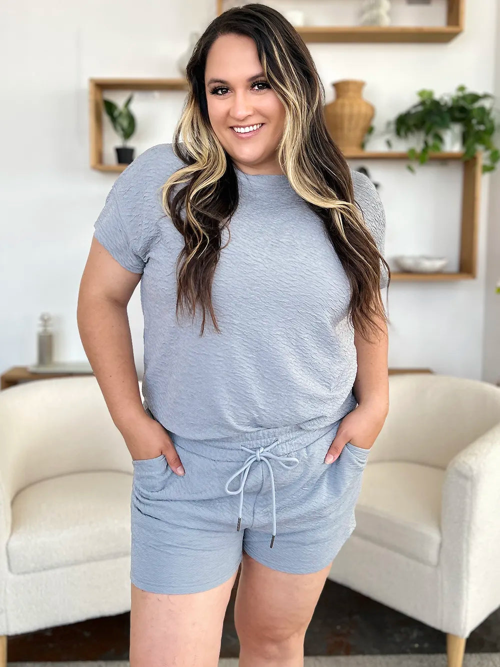 Double Take Full Size Texture Short Sleeve T-Shirt and Drawstring Shorts Set - Fashorio