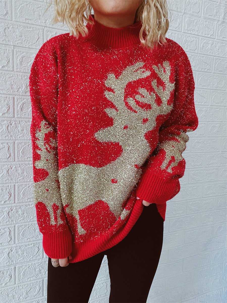Christmas Element Round Neck Sweater Red - Fashorio