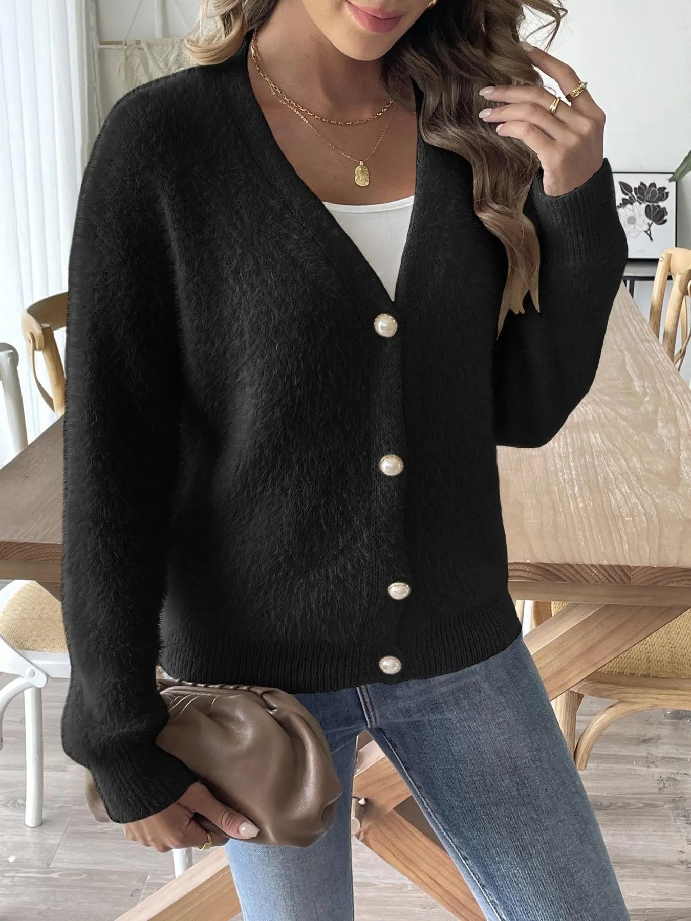 Fuzzy Button-Front Cardigan - Fashorio