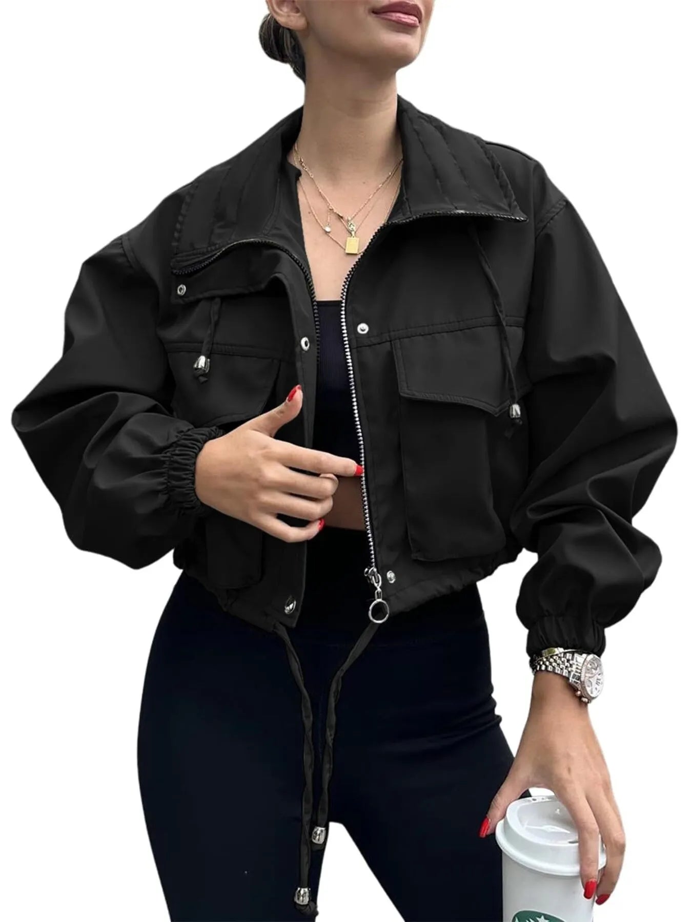 Drawstring Hem Zip Up Jacket - Fashorio
