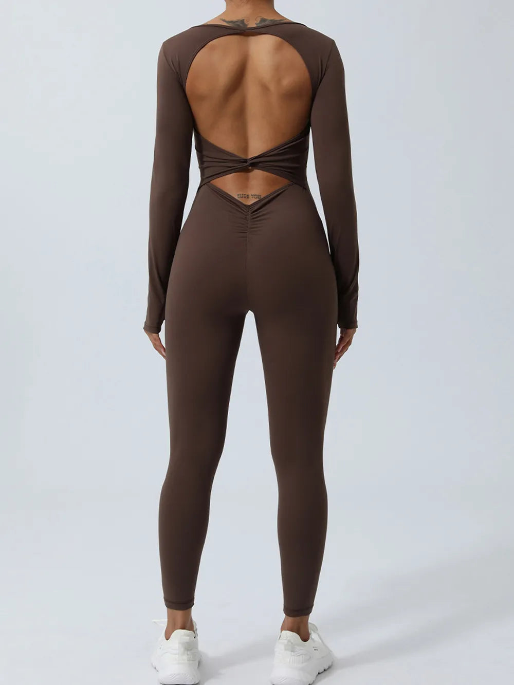 Twisted backless long sleeve jumpsuit full length view