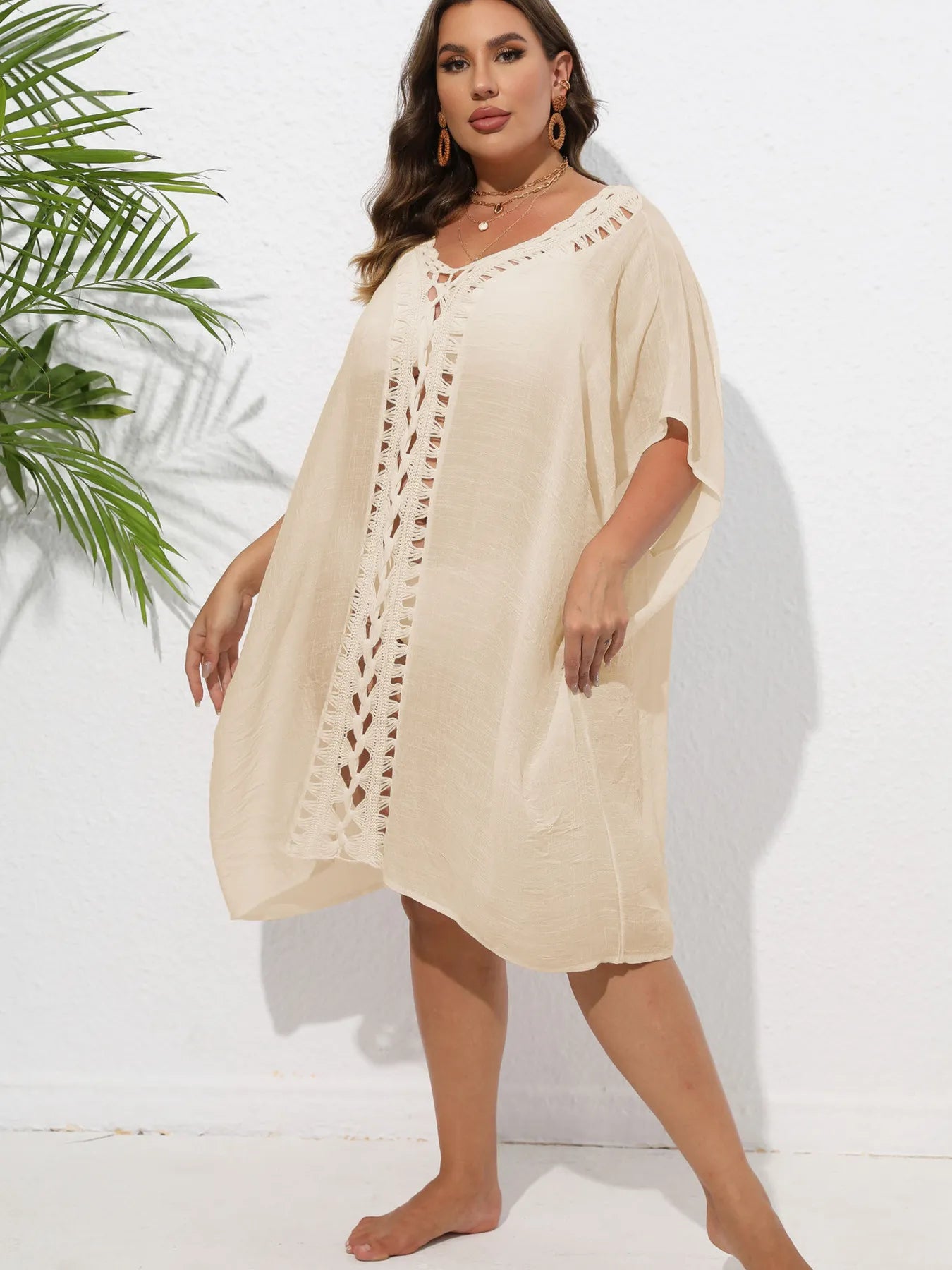 Crochet Trim V-Neck Beach Cover Up Dress - Fashorio