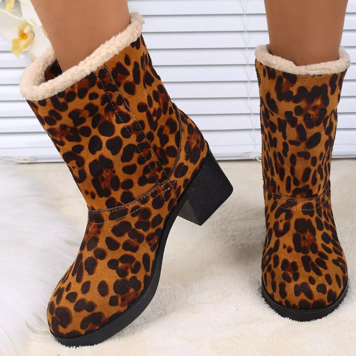 Plush Cuff Block Heel Boots toe detail