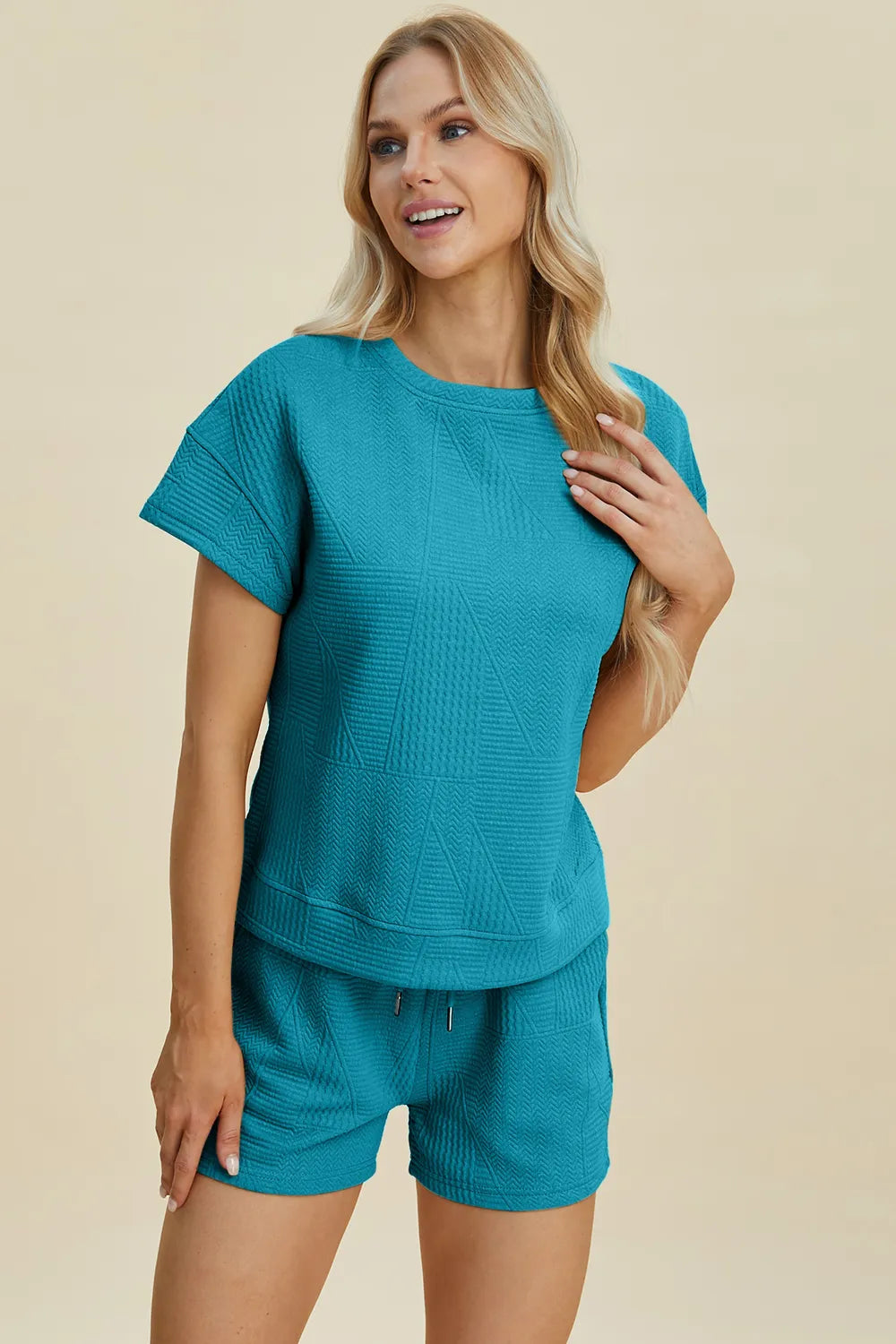 Textured Short Sleeve Top and Shorts Two Piece Set, view 33
