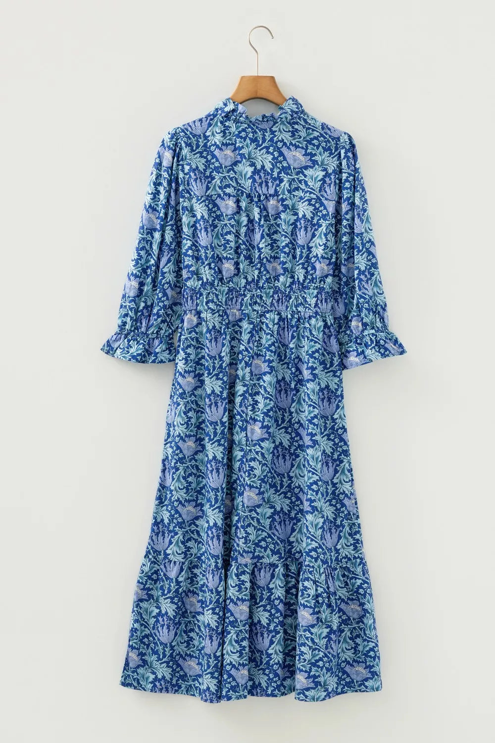 Dusty blue floral V neck tiered maxi dress full length view