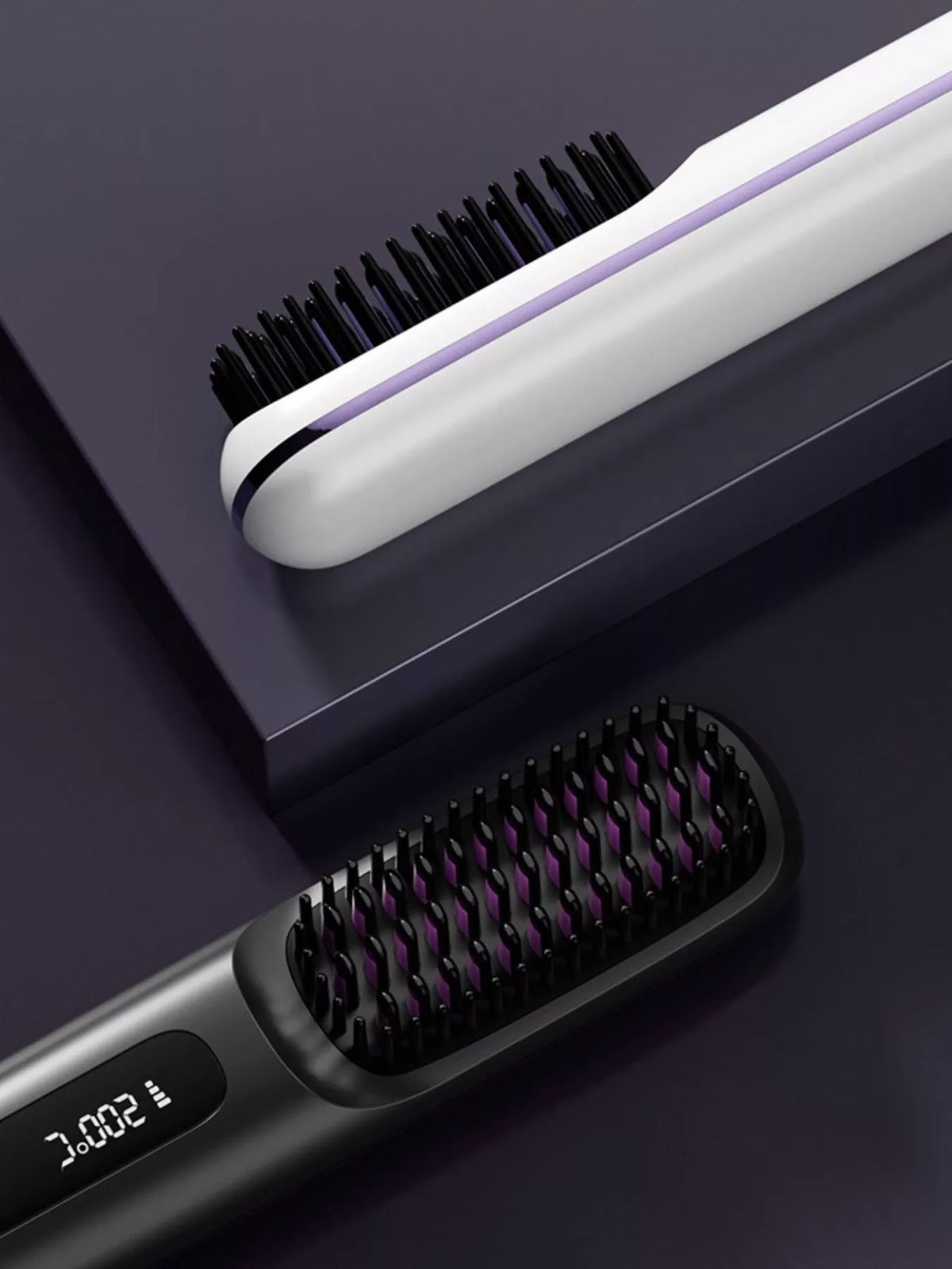 Straightening comb heated bristles close up