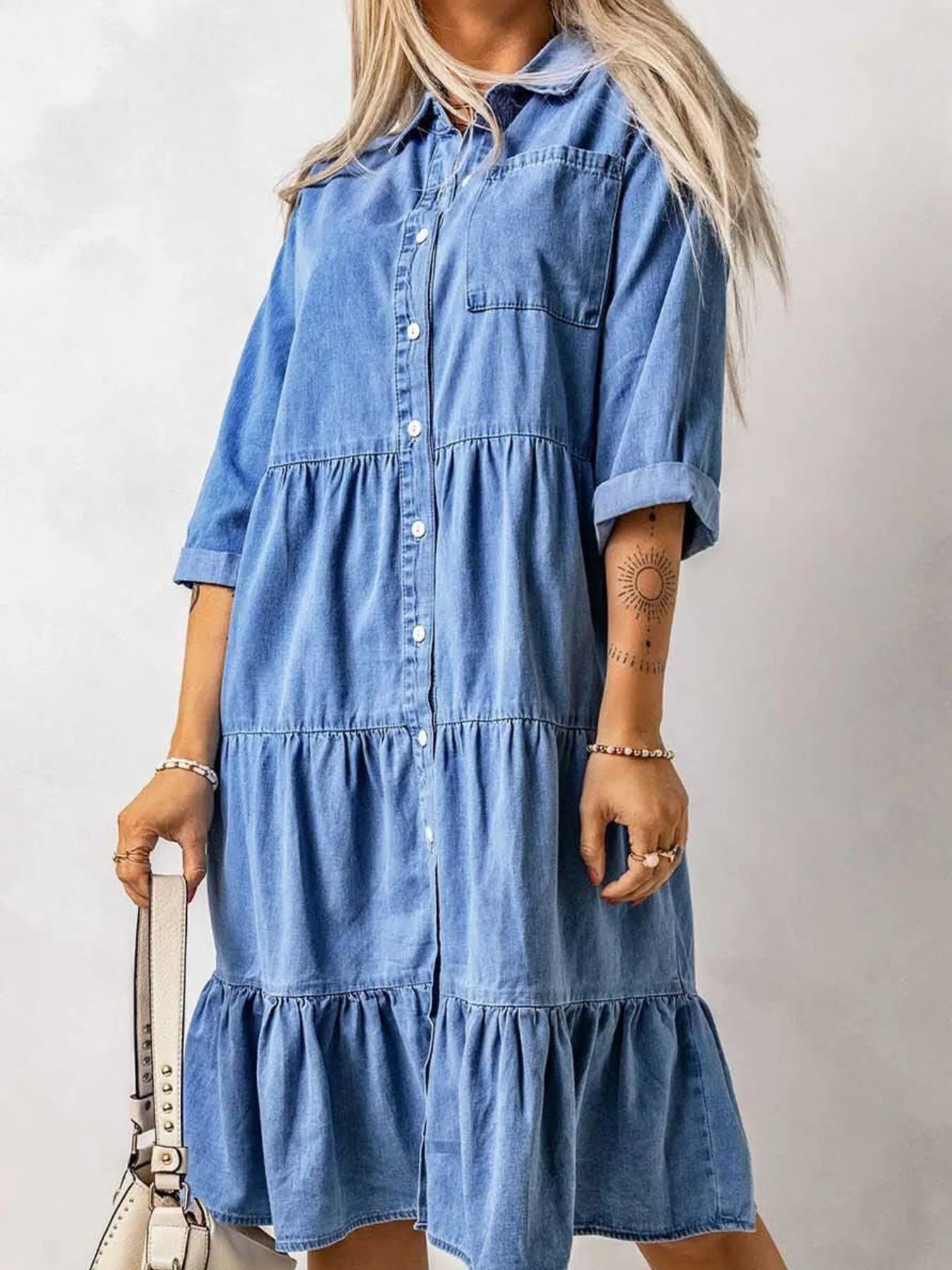 Full Size Ruffled Hem Button Up Denim Midi Dress Plus Size - Fashorio