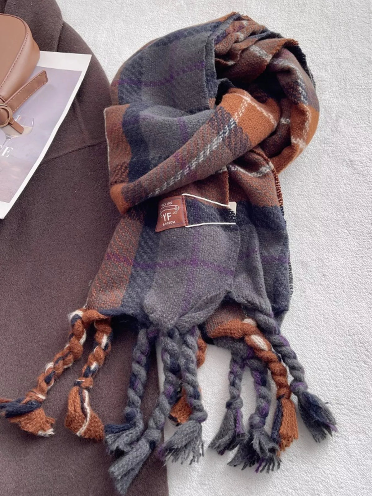 Full length view of the warm plaid tassel scarf