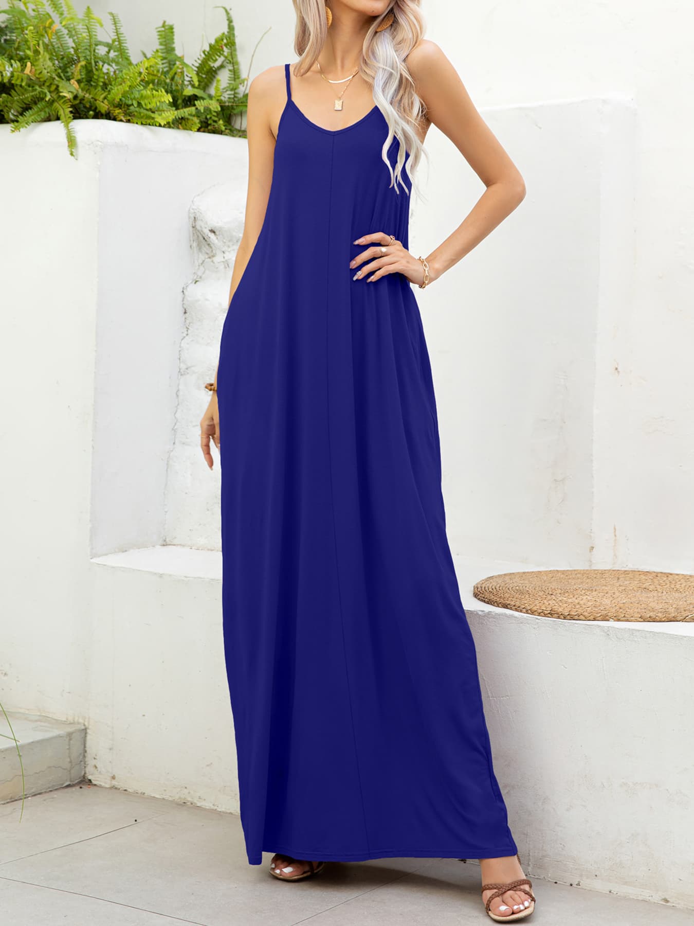 Spaghetti Strap V-Neck Maxi Dress with Pockets - Fashorio