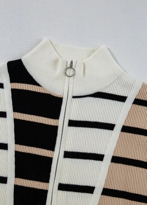 Striped Half Zip Sweater Vest in White and Light Blue on model