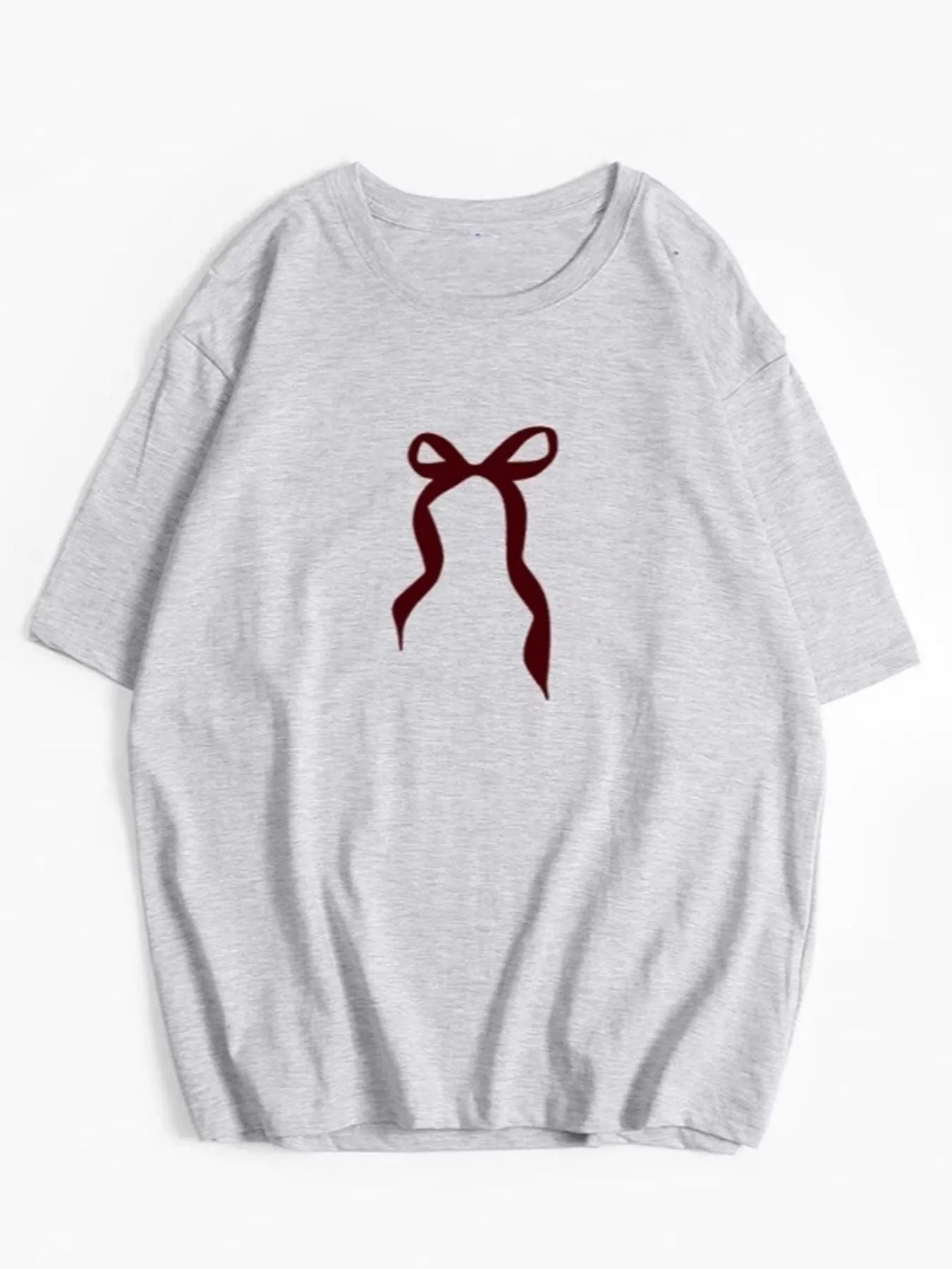 Plus Size Bow Round Neck Short Sleeve T-Shirt Light Gray - Fashorio