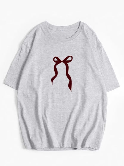 Plus Size Bow Round Neck Short Sleeve T-Shirt Light Gray - Fashorio