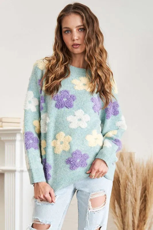 Popcorn Floral Two Tone Sweater Top Plus Size in Sage styled look
