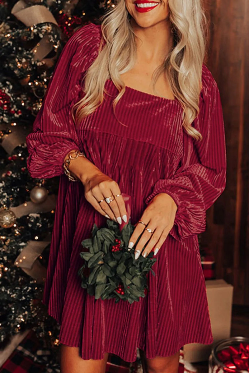 Burgundy square neck long sleeve ruched mini dress front view