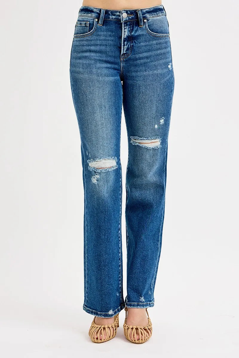 RISEN Full Size Tummy Control High Rise Straight Distressed Jeans Plus Size - Fashorio