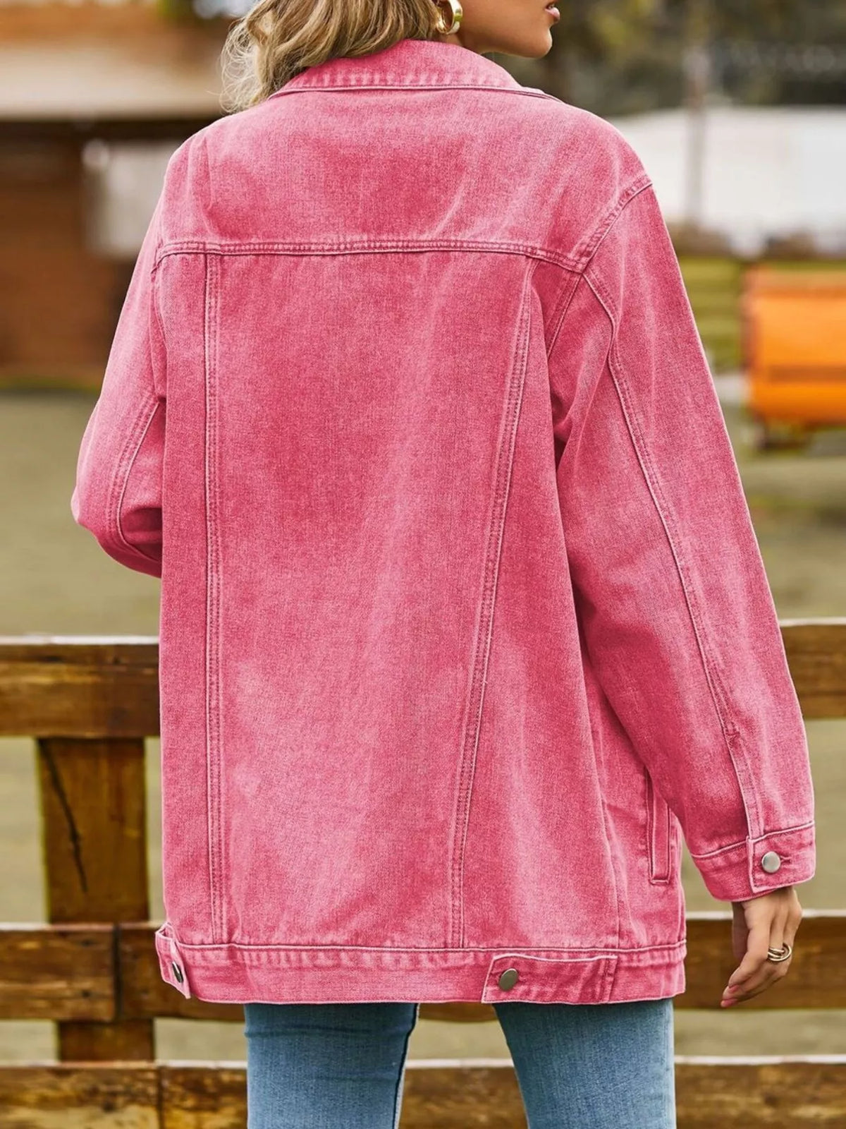 Washed Denim Jacket in Hot Pink side view