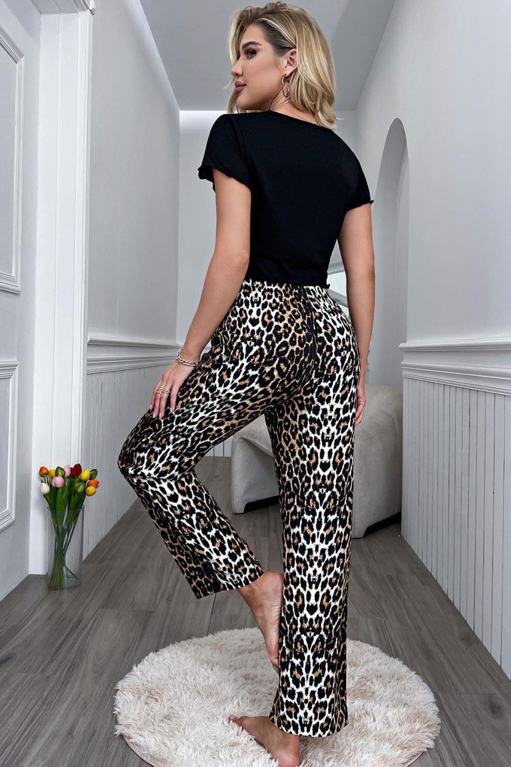 Lettuce Trim Cropped T-Shirt and Leopard Pants Lounge Set - Fashorio