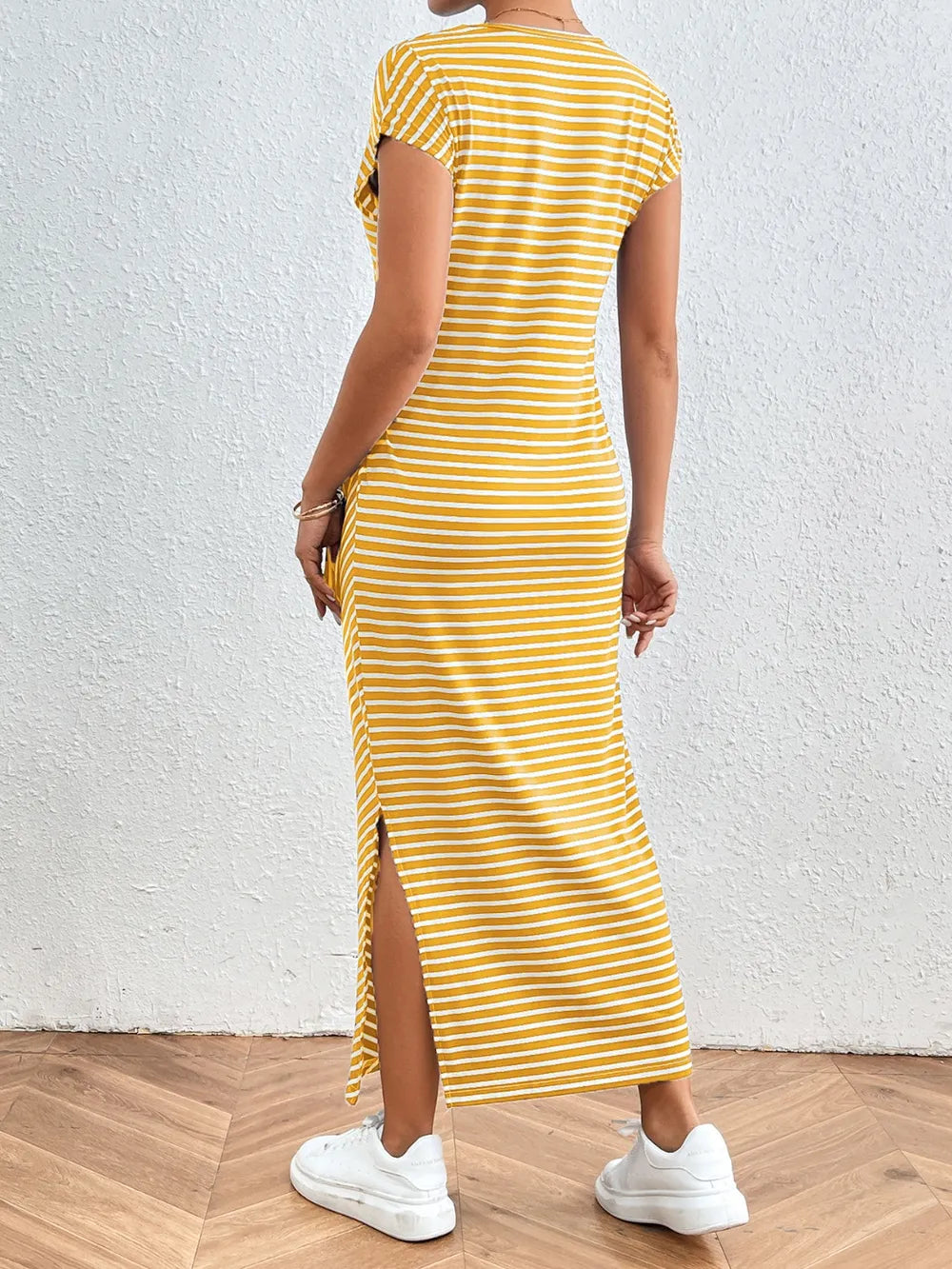 striped round neck short sleeve tee dress hem detail