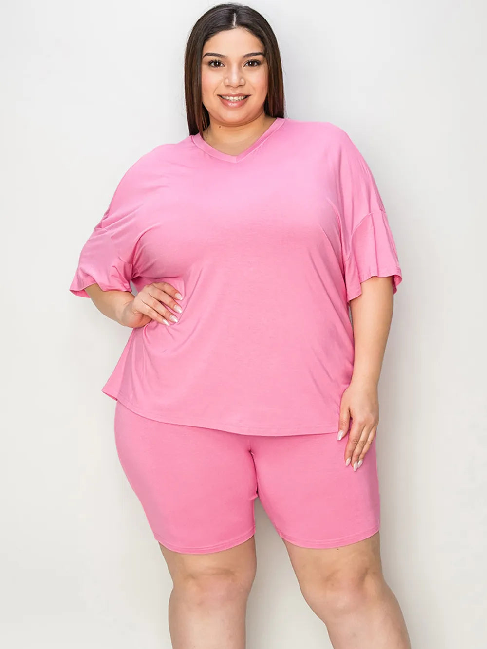 Basic Bae Full Size V-Neck Drop Shoulder T-Shirt and Shorts Set - Fashorio
