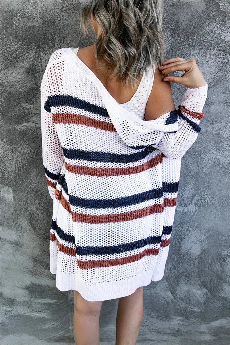 Contrast Openwork Open Front Long Sleeve Cardigan - Fashorio