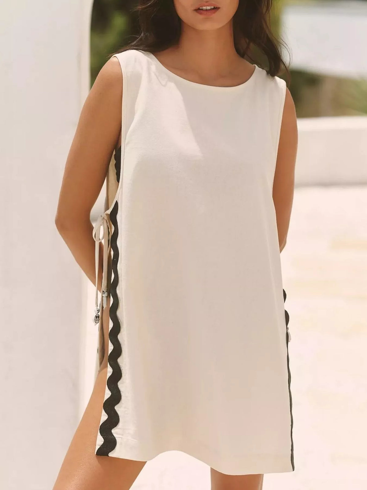 White scalloped trim sleeveless cover up front view