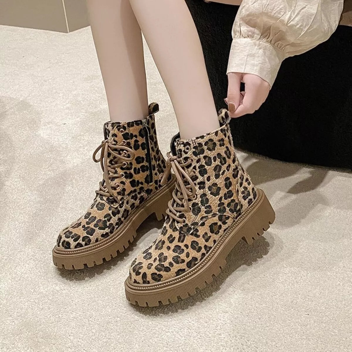 Animal print lace up ankle boots back heel view