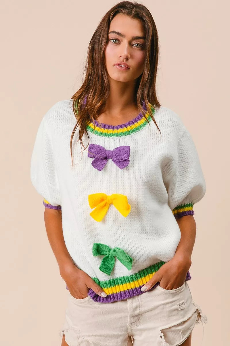 Puff Sleeve Ribbon Bow Sweater in Ivory view 10