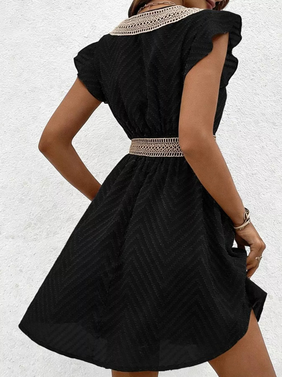 V neck ruffle sleeve mini dress, detail view