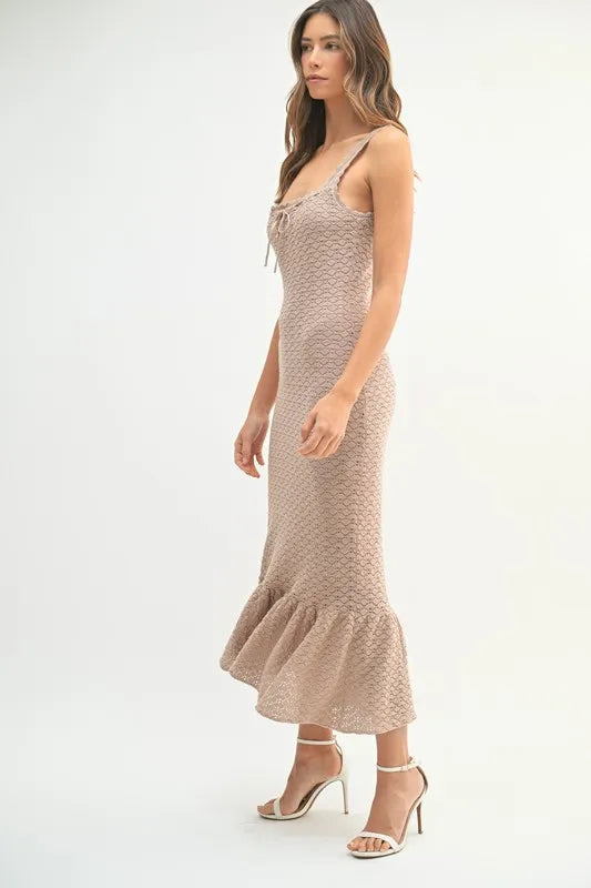 MABLE Ruffled Hem Sleeveless Crochet Knit Midi Dress - Fashorio