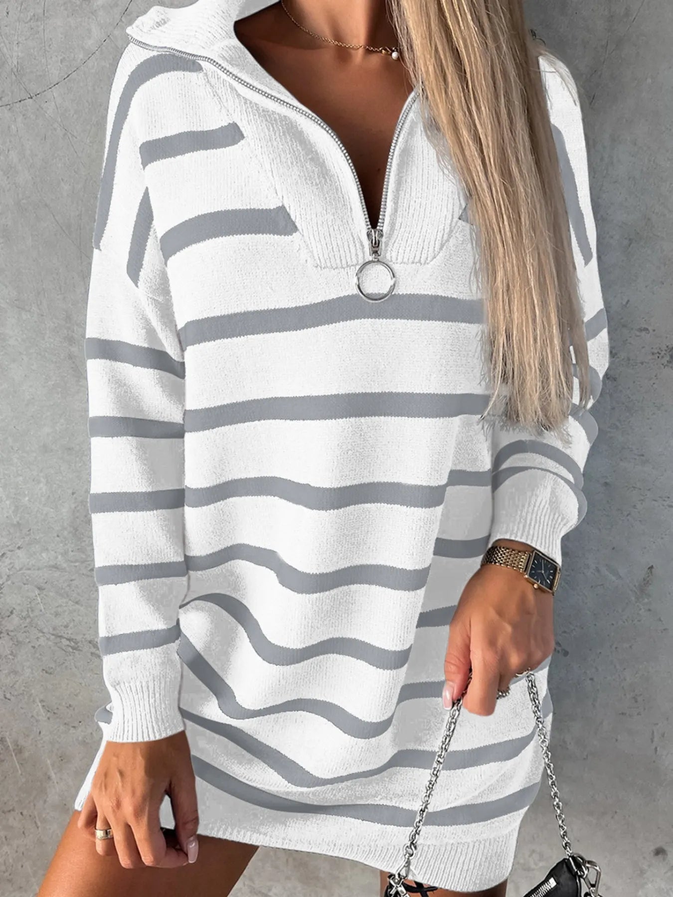 Striped O-ring Zip Collared Loose Sweater Mini Dress - Fashorio