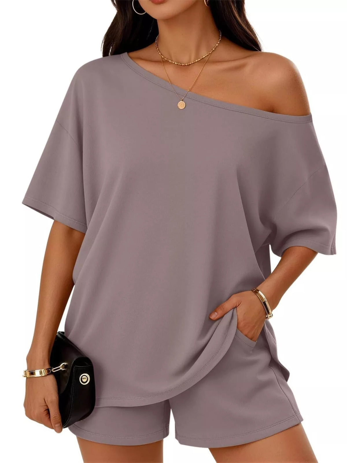 Boat Neck Tee and Shorts Two Piece Set Plus Size, view 16