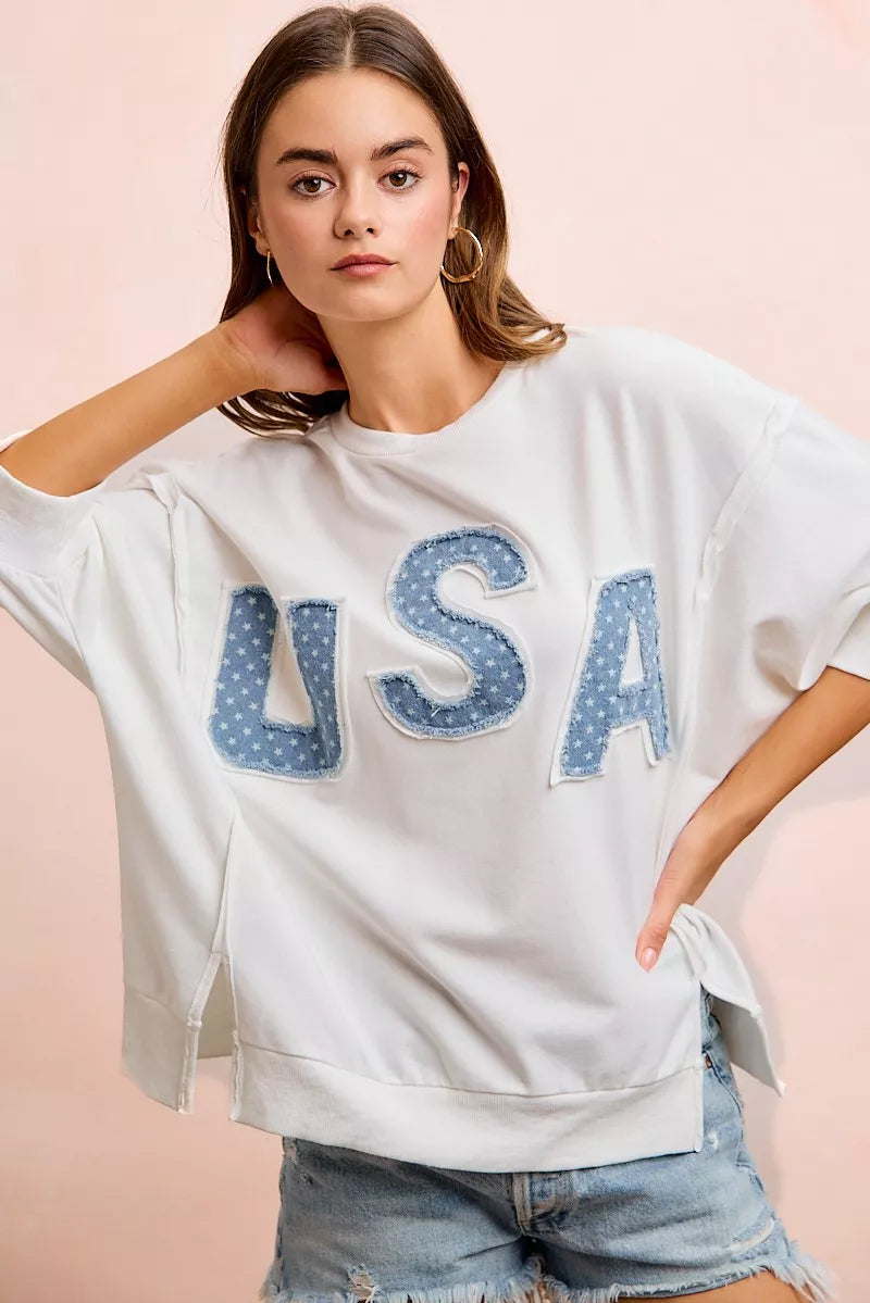Ivory BiBi USA letter patchwork French terry top on model