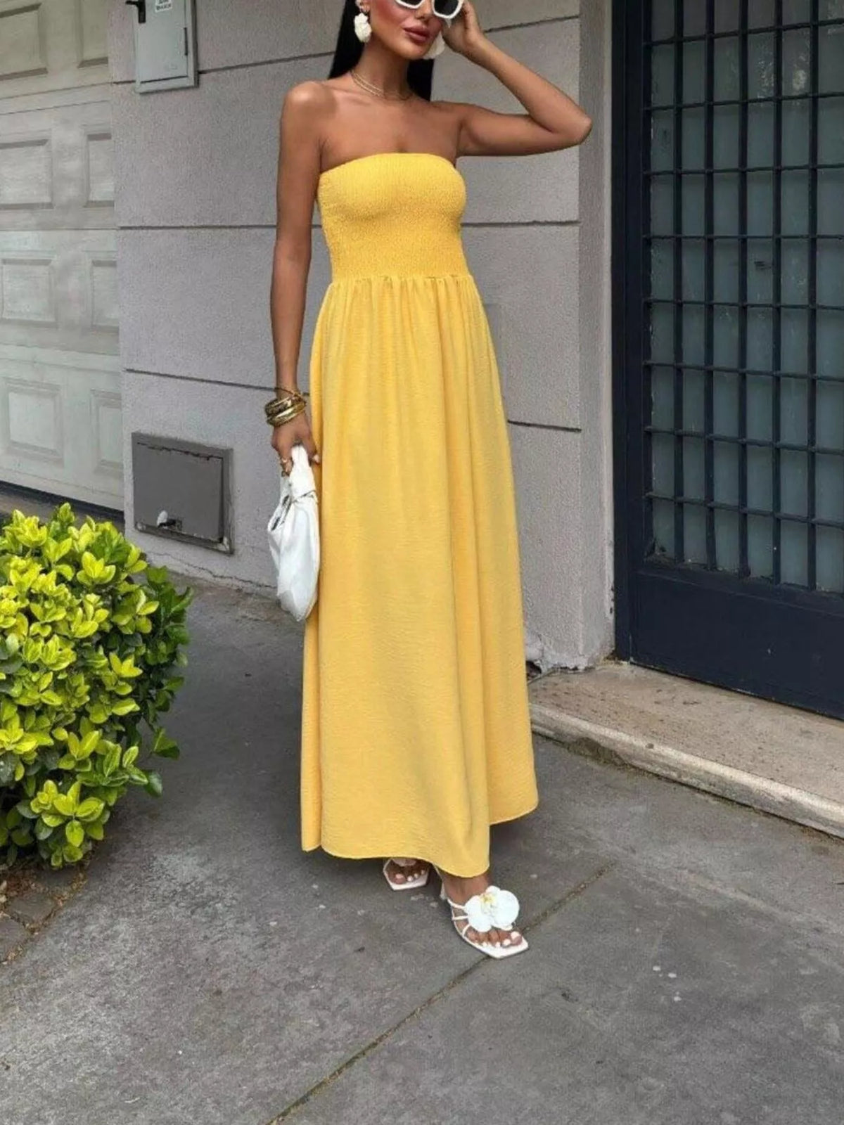 Strapless smocked maxi dress front view