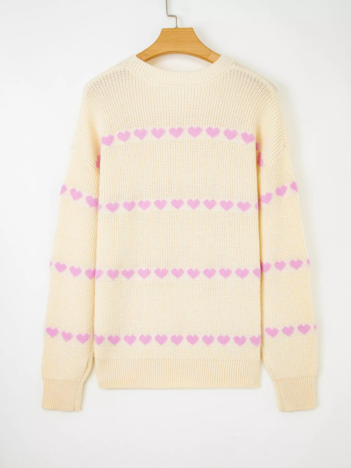 cream heart pattern ribbed knit sweater styling detail