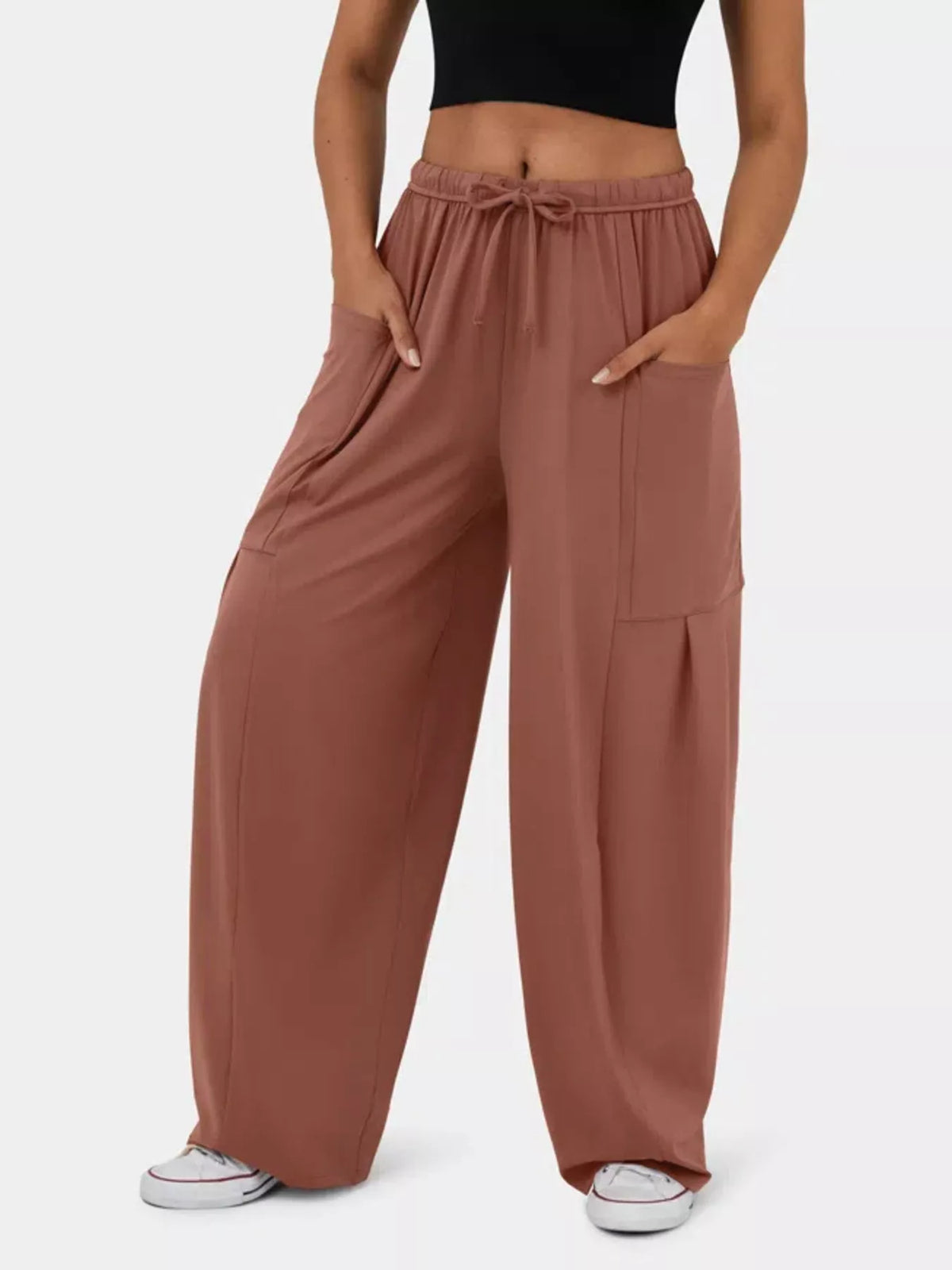 High waisted wide leg drawstring pants front view