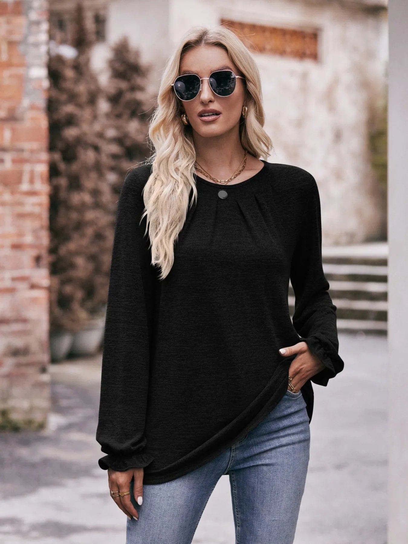Round Neck Long Sleeve Casual T-Shirt Black - Fashorio